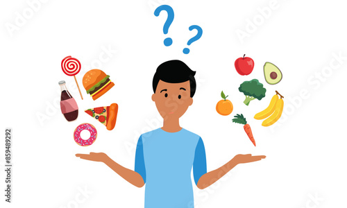 Women choose between healthy and salty foods. Rapid reconstruction...