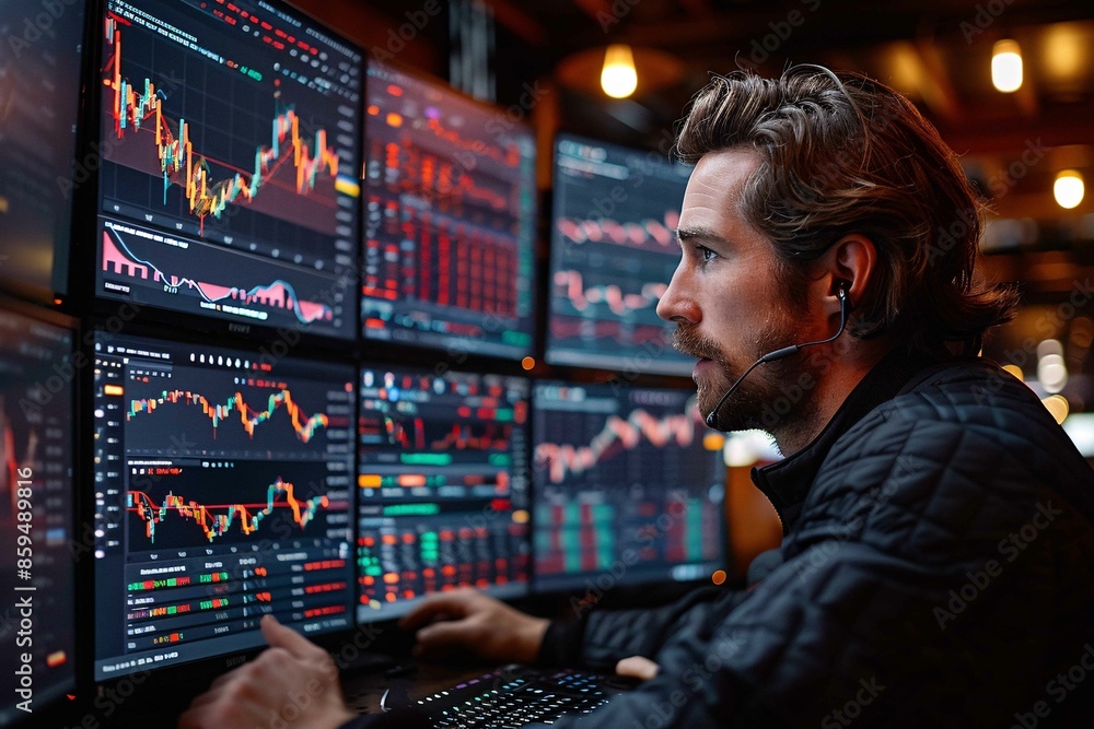 Fast-paced crypto trading on multi-screen setup. Fast-paced crypto trading on multi-screen setup.