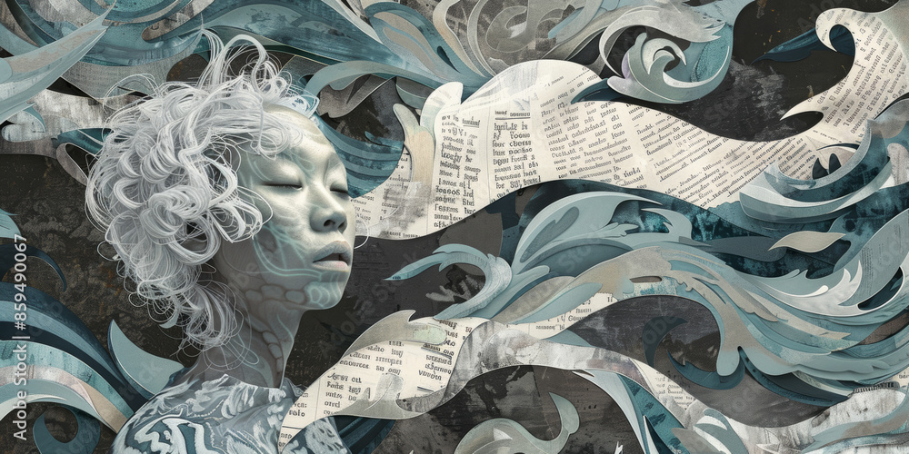 Surreal Portrait of Woman with Abstract Elements and Newspaper Clippings Surreal Portrait of Woman with Abstract Elements and Newspaper Clippings