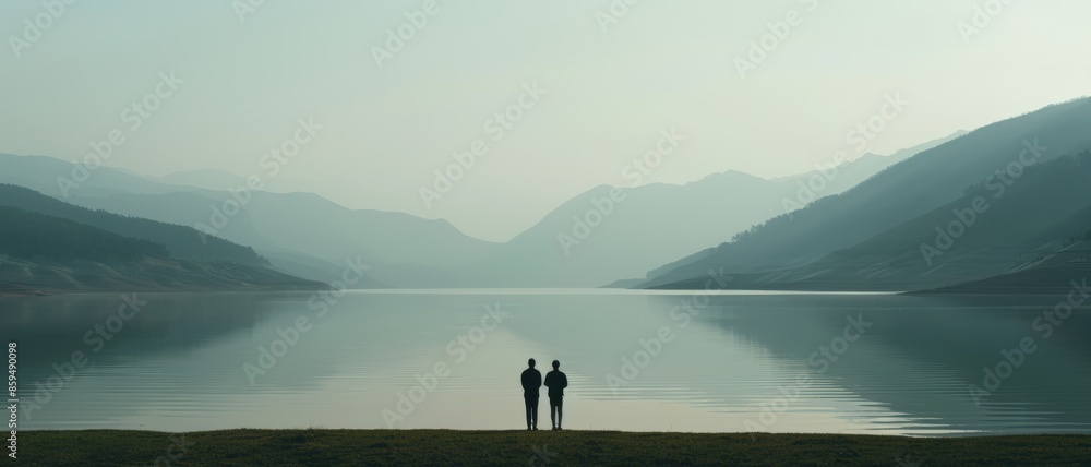 Two people standing by a serene lake with mountains in the background, capturing a peaceful and reflective moment in nature's beauty. Two people standing by a serene lake with mountains in the background, capturing a peaceful and reflective moment in nature's beauty.