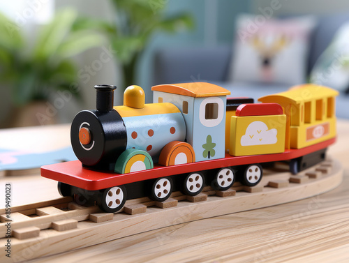 A colorful wooden toy train on a wooden track in a cozy, well-lit room, capturing the essence of playful childhood and imaginative play.