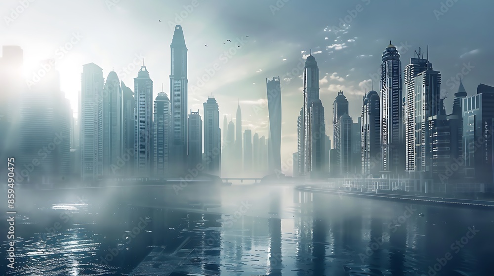 Portrait of futuristic city skyline with skyscrapers and tall buildings Portrait of futuristic city skyline with skyscrapers and tall buildings