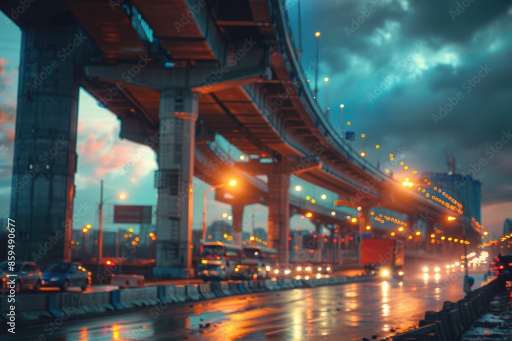 Urban highway interchange at dusk with illuminated street lights and wet roads reflecting car headlights creating a moody cityscape. Urban highway interchange at dusk with illuminated street lights and wet roads reflecting car headlights creating a moody cityscape.