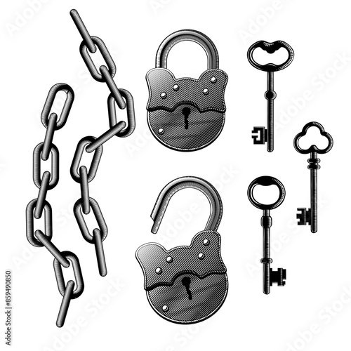 Set of vintage padlocks, parts of iron chains and retro keys isolated on white. Vector conceptual illustration in vintage black and white engraving style