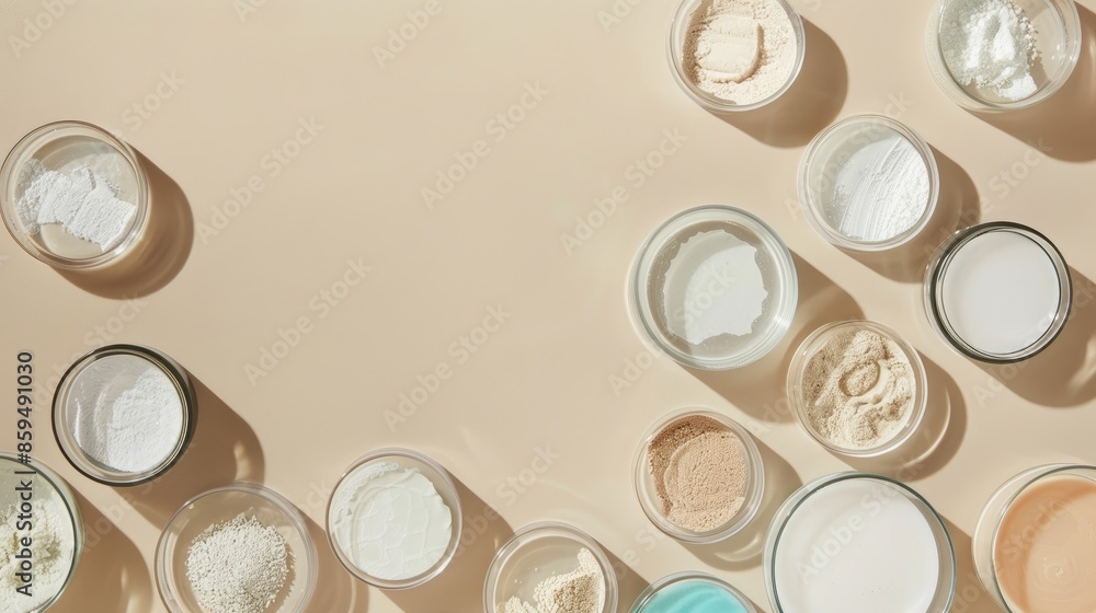 Different beauty items in Petri dishes on a beige background seen from above with empty space Different beauty items in Petri dishes on a beige background seen from above with empty space