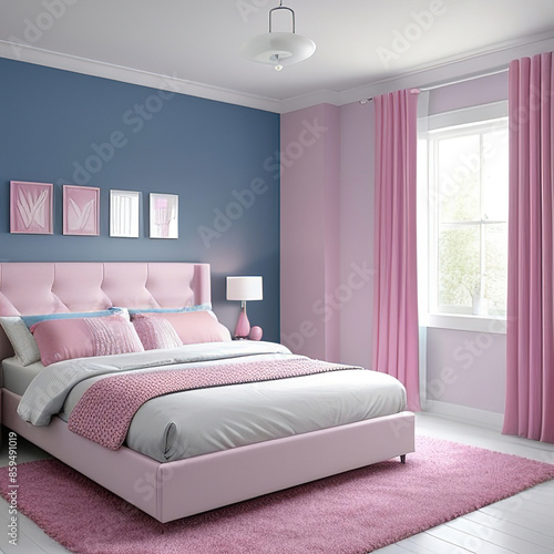 Modern luxury bedroom interior in minimal scandinavian style, blue and pink colors © eugen