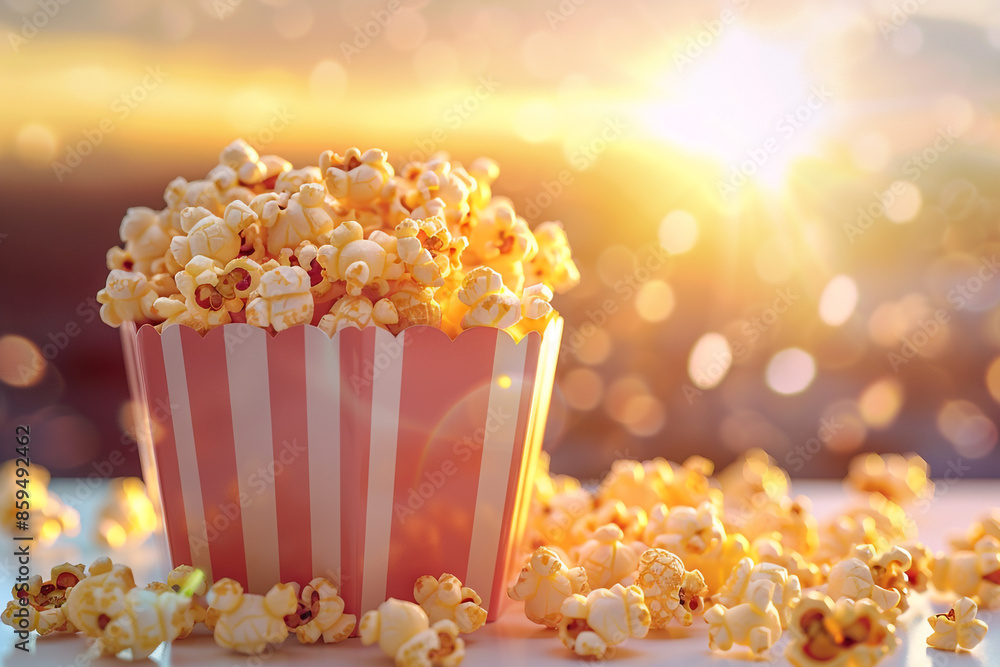A box of popcorn is sitting on a table with a sun shining on it. Scene is relaxed and cozy A box of popcorn is sitting on a table with a sun shining on it. Scene is relaxed and cozy