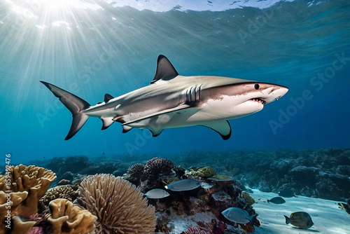 Blacktip ocean shark swimming in tropical underwaters. Sharks in underwater world. Observation of animal world. Scuba diving adventure in South Africa coast of RSA photo