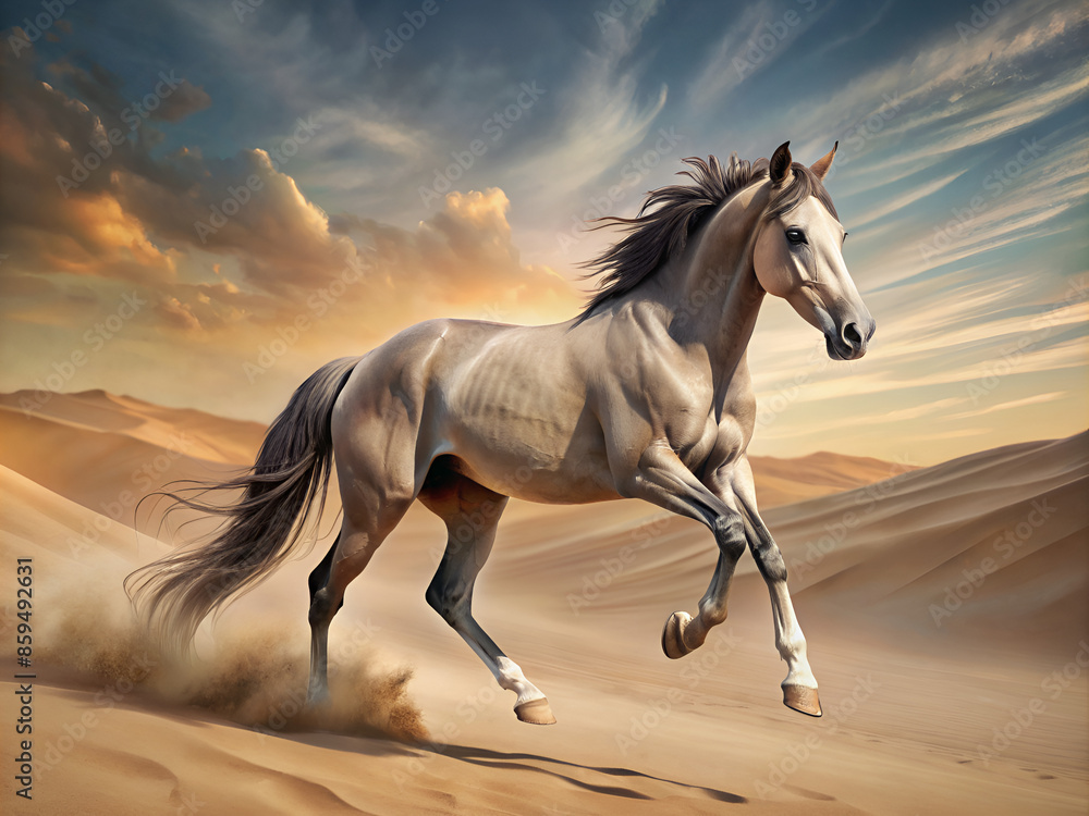 A horse is galloping across the sandy desert under the sky A horse is galloping across the sandy desert under the sky