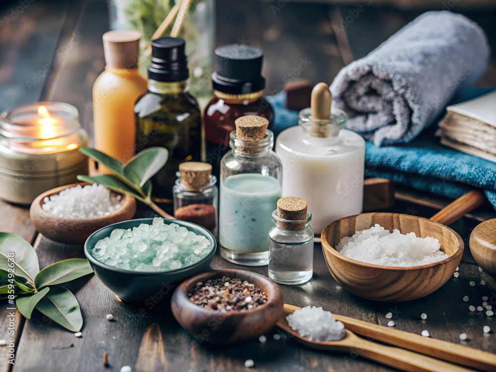 A wooden table with salt bowls, essential oil bottles, candles, and towels A wooden table with salt bowls, essential oil bottles, candles, and towels