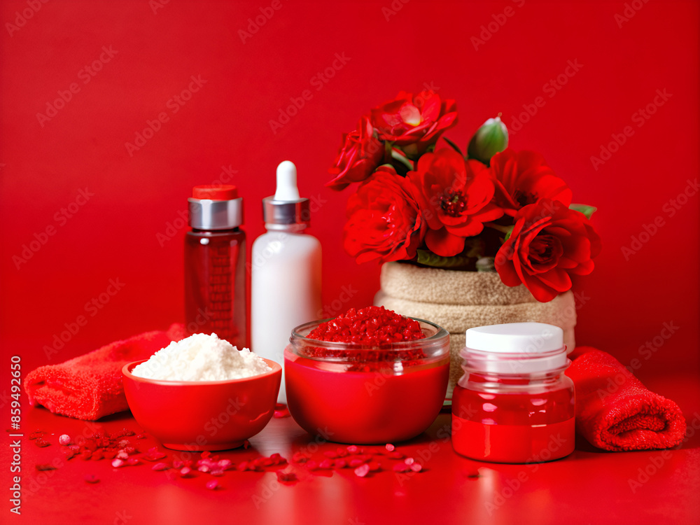 A vase of red roses with red bottles and cosmetic bowls A vase of red roses with red bottles and cosmetic bowls