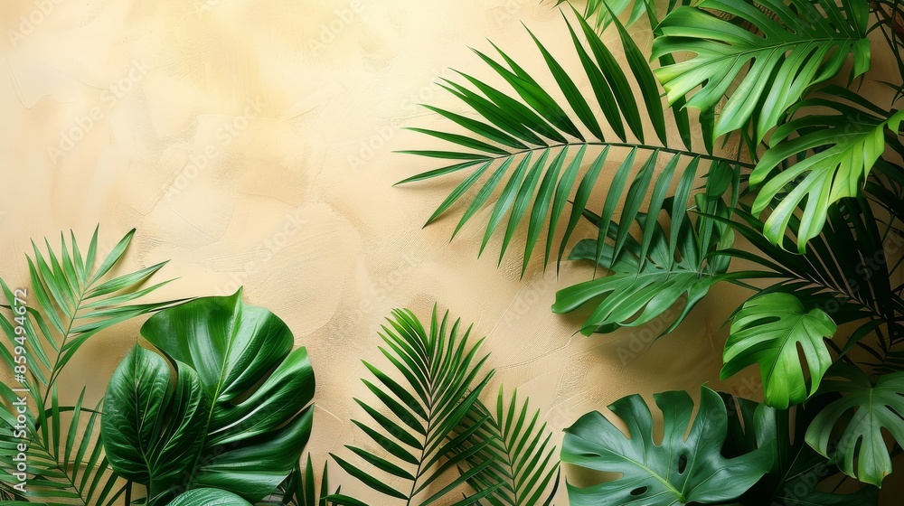 The mural of tropical leaves on a light-colored wall creates a harmonious blend of natural and artistic elements, emphasizing the beauty and tranquility of tropical foliage.