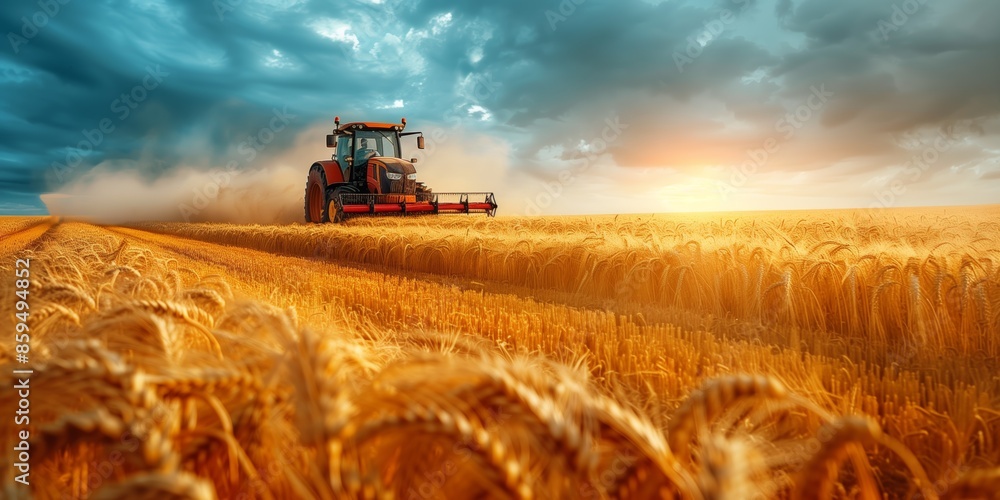Fototapeta premium Modern farming, machinery, tractor, wheat field, golden hour, agricultural technology, landscape, harvest