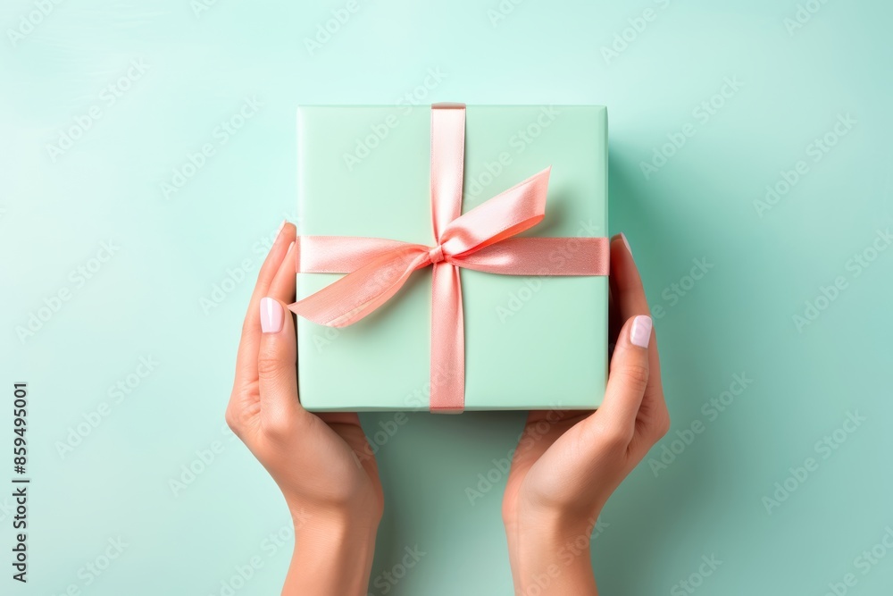 Small turquoise green gift box with pink ribbon in female hands
Small turquoise green gift box with pink ribbon in female hands
