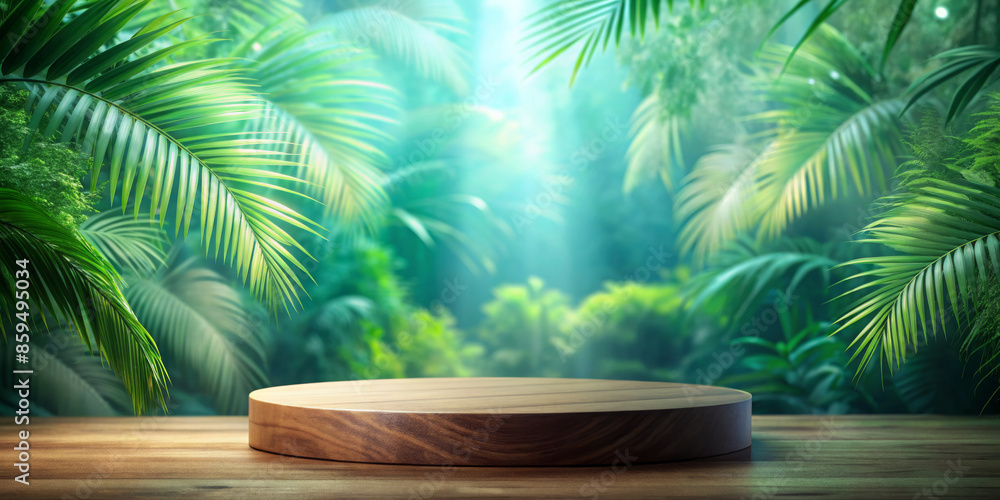 Obraz premium A round wooden pedestal with a lush green tropical forest in the background, illuminated by a soft, ethereal light that seems to come from within the foliage. Product presentation podium.AI generated.