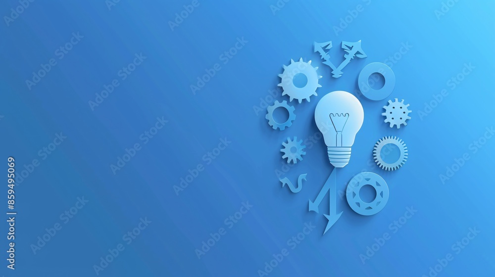 Blue Lightbulb with Gears and Arrows on a Blue Background Blue Lightbulb with Gears and Arrows on a Blue Background