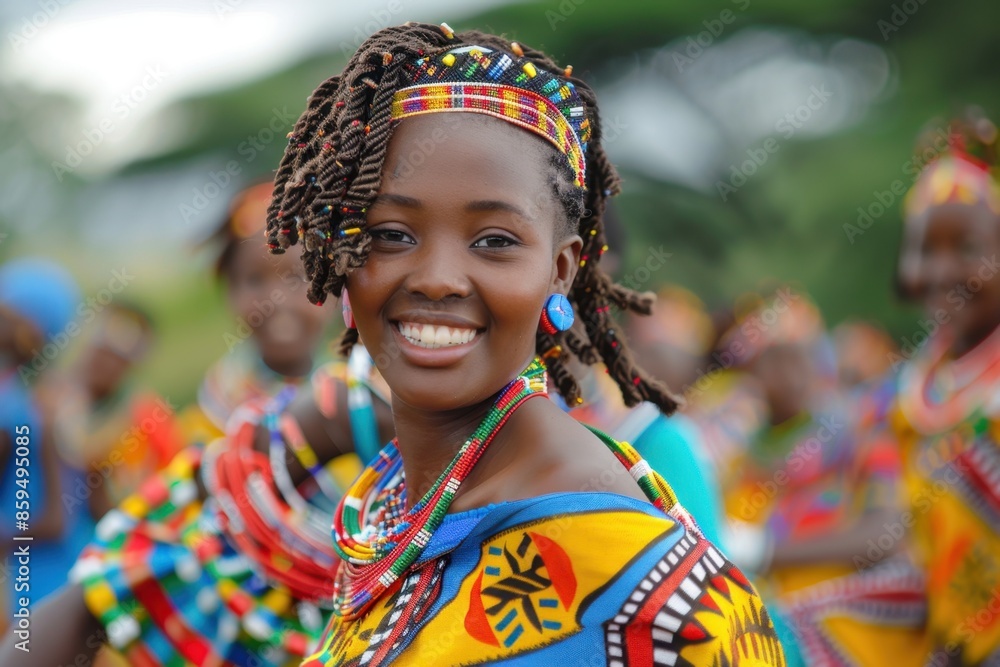 Fototapeta premium Young Woman in Colorful Kitenge Dress Dancing at Nairobi Cultural Festival