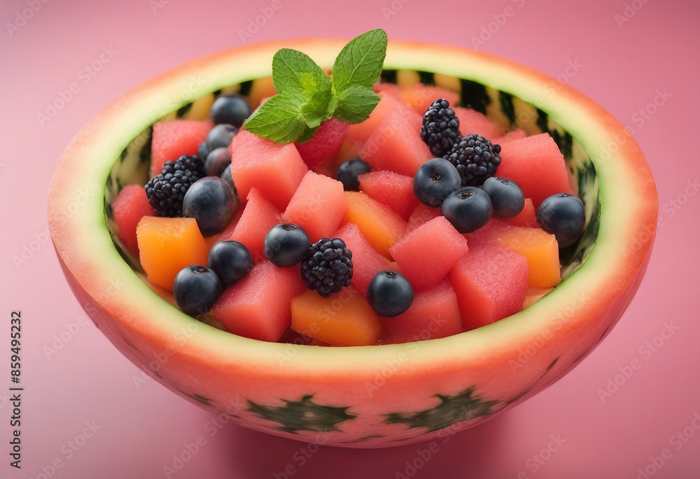 A vibrant fruit salad served in a carved watermelon bowl featuring a mix of melon berries and mint i A vibrant fruit salad served in a carved watermelon bowl featuring a mix of melon berries and mint i