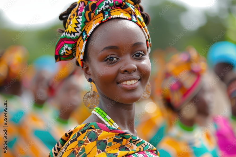 Fototapeta premium Young Woman in Colorful Kitenge Dress Dancing at Nairobi Cultural Festival