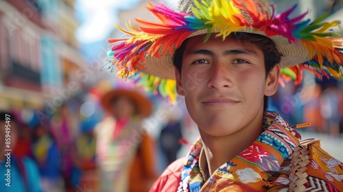 Young Man in Traditional Aymara Clothing at La Paz Street Festival