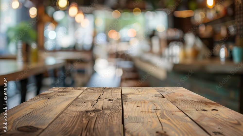 Focus on empty wood table with blurred coffee shop background for photo montage or product display Focus on empty wood table with blurred coffee shop background for photo montage or product display