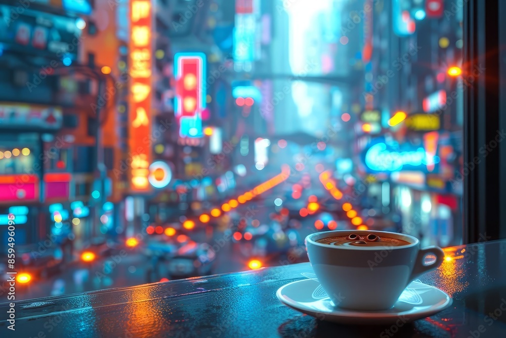 Warm cup of coffee against a vibrant urban cityscape at night, with colorful neon lights and bustling streets in the background. Warm cup of coffee against a vibrant urban cityscape at night, with colorful neon lights and bustling streets in the background.