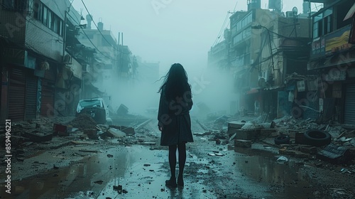 This image portrays a solitary figure standing in a foggy, post-apocalyptic urban area, amidst crumbled buildings and debris, symbolizing desolation and resilience.