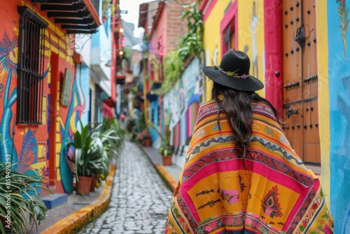 Woman in Traditional Ruana Walking Through La Candelaria in Bogotá

 photo