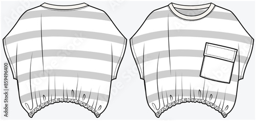 DOLMAN SLEEVES STRIPE KNIT TOP WITH ELASTICATED WAIST AND FLAP POCKET DETAIL DESIGNED FOR TEEN AND KID GIRLS IN VECTOR FILE
