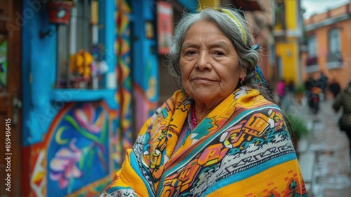 Woman in Traditional Ruana Walking Through La Candelaria in Bogotá