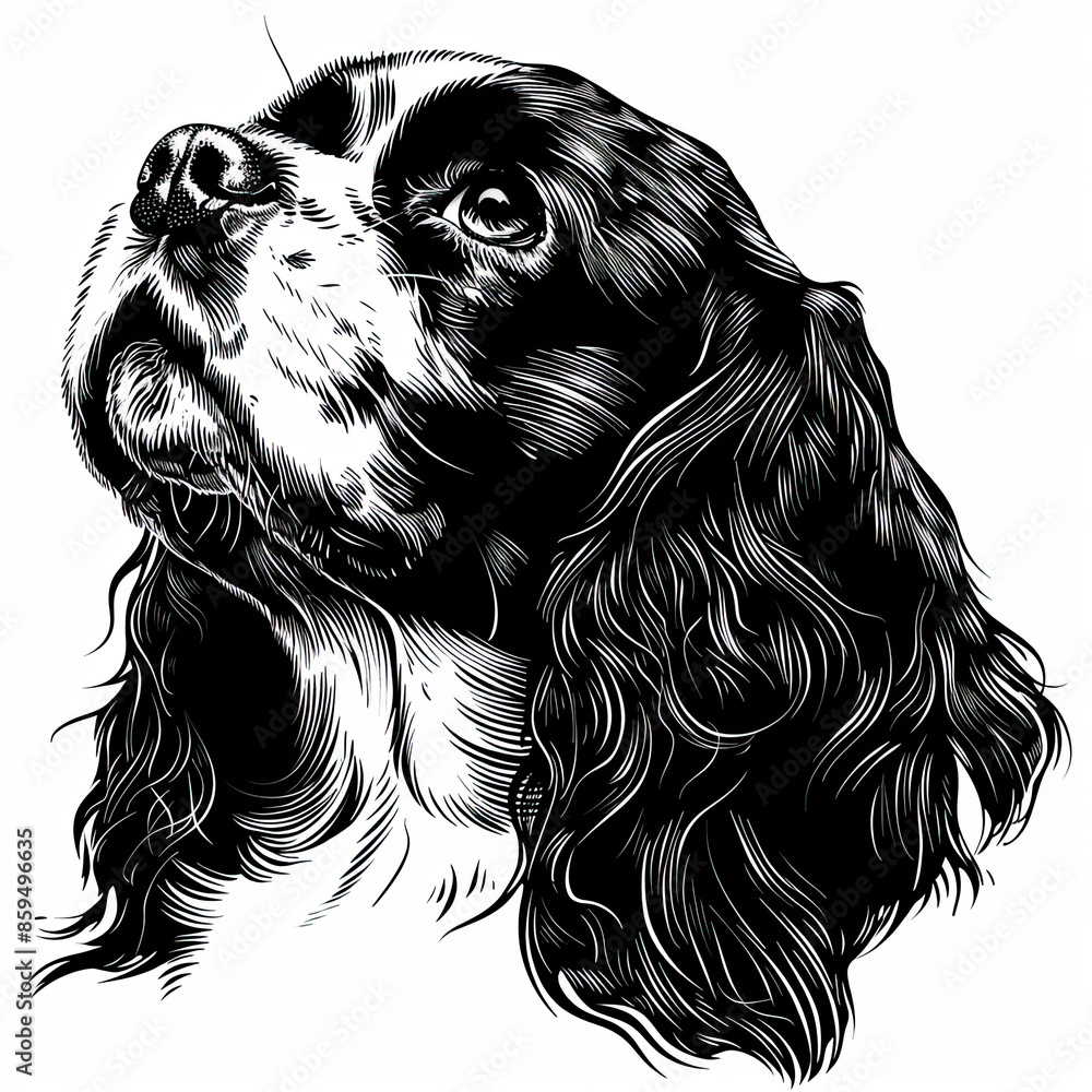 A black and white drawing of a Cavalier King Charles Spaniel dog A black and white drawing of a Cavalier King Charles Spaniel dog
