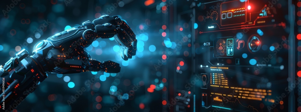 Robot and human hands touch ICONS on a virtual screen with a call center logo representing the future concept of customer service in a digital context. Robot and human hands touch ICONS on a virtual screen with a call center logo representing the future concept of customer service in a digital context.