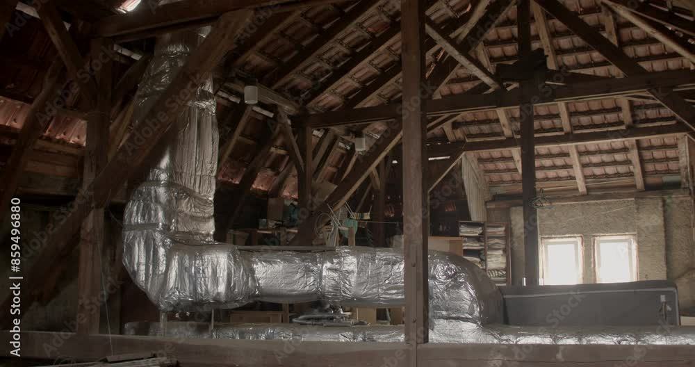 Attic space with wooden beams. Unique architectural feature in homes or buildings, often used for storage or potentially renovated into additional living space. Attic space with wooden beams. Unique architectural feature in homes or buildings, often used for storage or potentially renovated into additional living space.