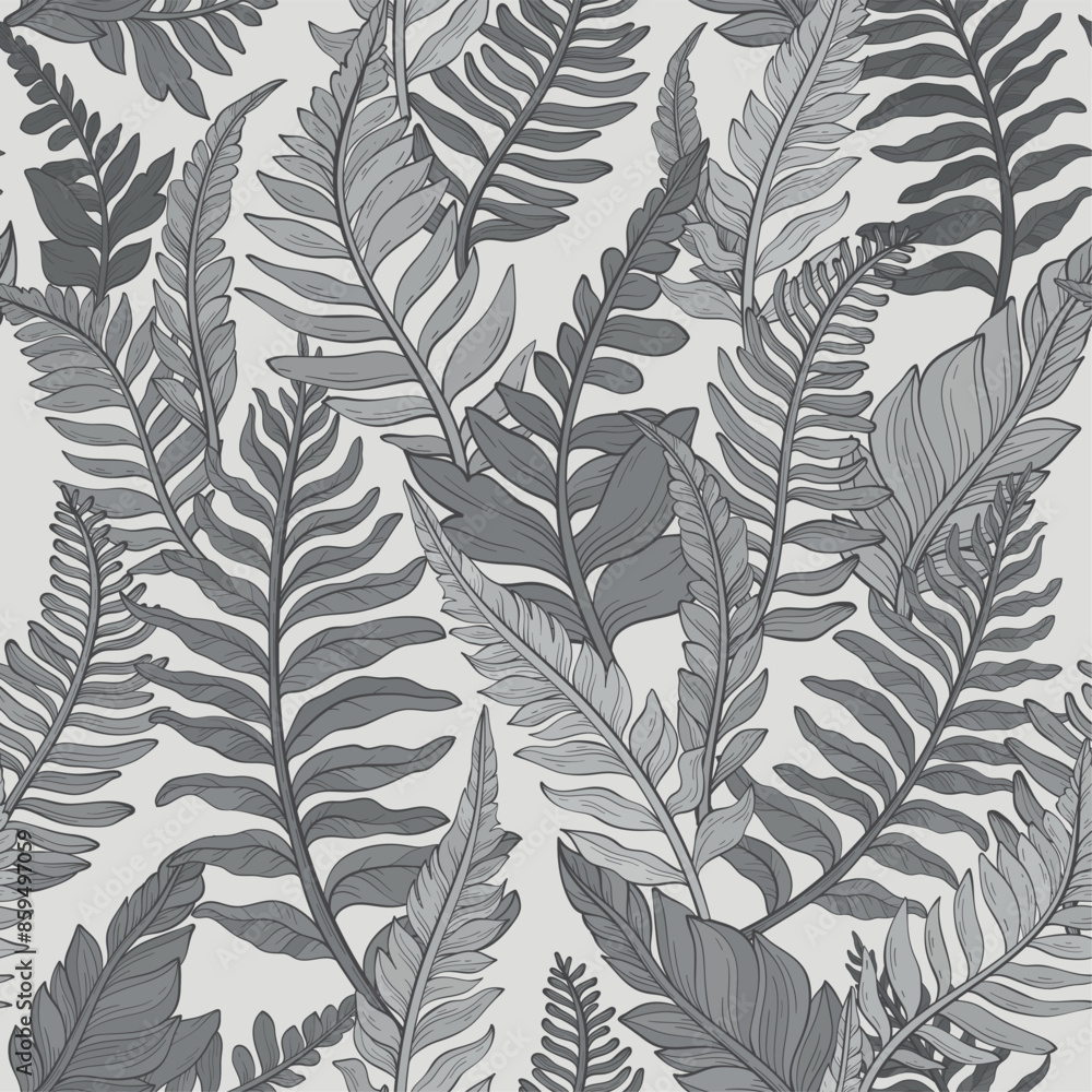 Seamless monochrome pattern of wild forest plants, leaves and young ferns Seamless monochrome pattern of wild forest plants, leaves and young ferns