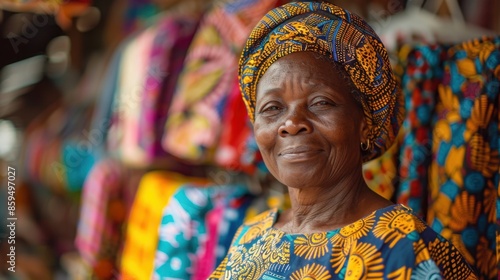 Woman in Traditional Kente Cloth Dress Selling Textiles at Accra Market   © Kristian