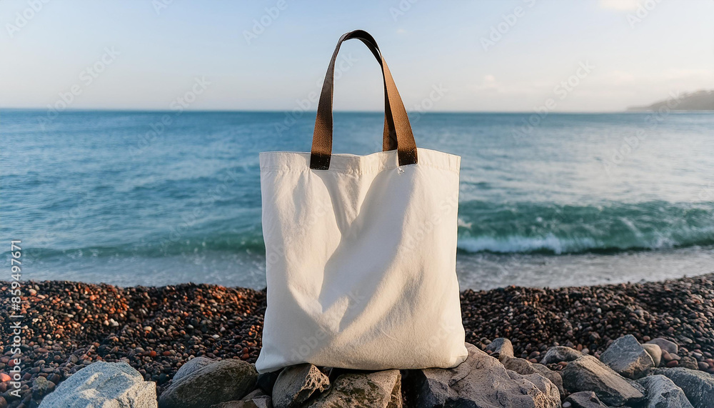 Blank eco cotton tote bag against sea background. White shopper mock-up. Natural material. Blank eco cotton tote bag against sea background. White shopper mock-up. Natural material.