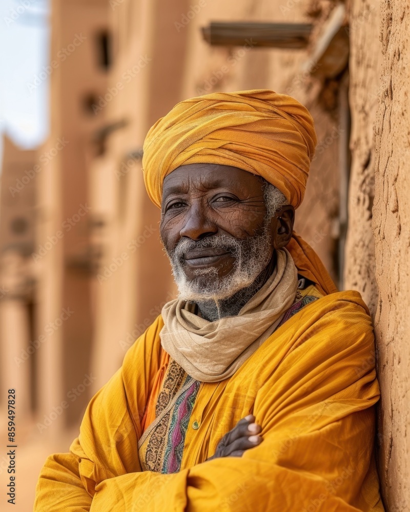 Elderly Man in Traditional Tuareg Robe Standing Before Ancient Mosques in Timbuktu
Elderly Man in Traditional Tuareg Robe Standing Before Ancient Mosques in Timbuktu