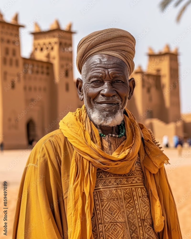 Naklejka premium Elderly Man in Traditional Tuareg Robe Standing Before Ancient Mosques in Timbuktu