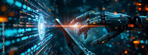 Robot and human hands touch ICONS on a virtual screen with a call center logo representing the future concept of customer service in a digital context.