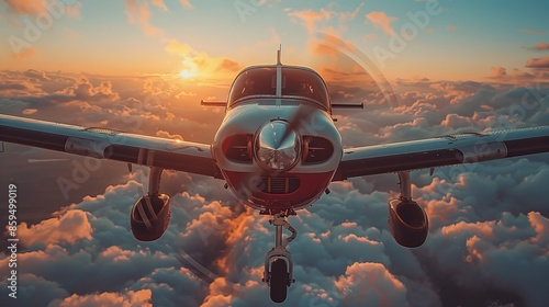 A small airplane soars above the picturesque, fluffy clouds during a stunning sunset, capturing the essence of adventure, freedom, and the beauty of flight. photo