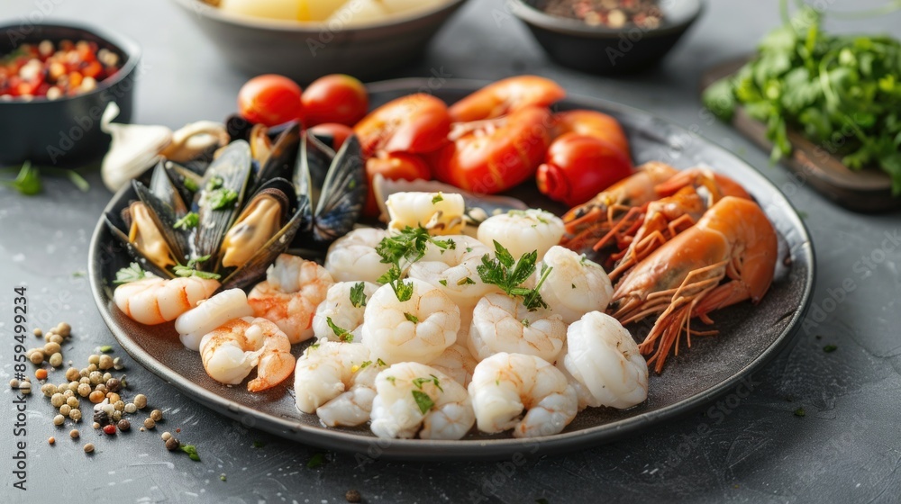 Frozen seafood variety (shrimp, mussels, and scallops) on a gray plate Frozen seafood variety (shrimp, mussels, and scallops) on a gray plate