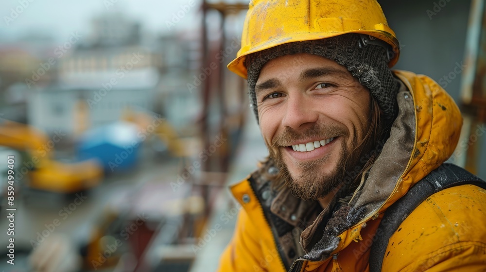 A construction worker wearing a yellow outdoor jacket and hard hat smiles on a construction site, showcasing hard work, resilience, and a positive attitude. A construction worker wearing a yellow outdoor jacket and hard hat smiles on a construction site, showcasing hard work, resilience, and a positive attitude.