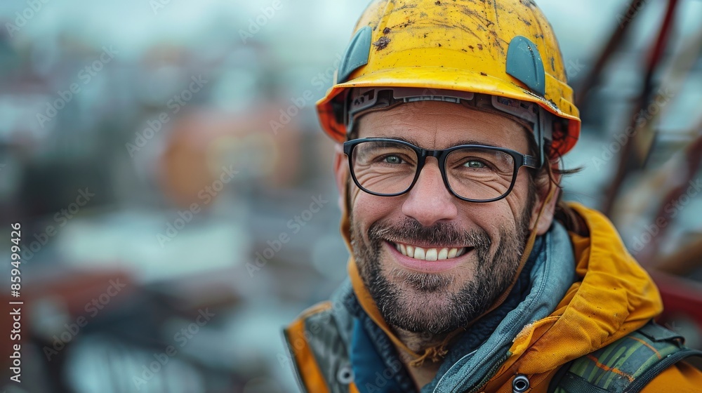 Close-up image of a construction worker wearing a yellow helmet and warm clothes, focusing on the details of safety gear and the industrial work environment in the background. Close-up image of a construction worker wearing a yellow helmet and warm clothes, focusing on the details of safety gear and the industrial work environment in the background.