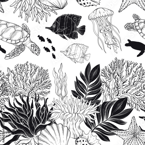 Marine Life outline pattern, the ocean and underwater