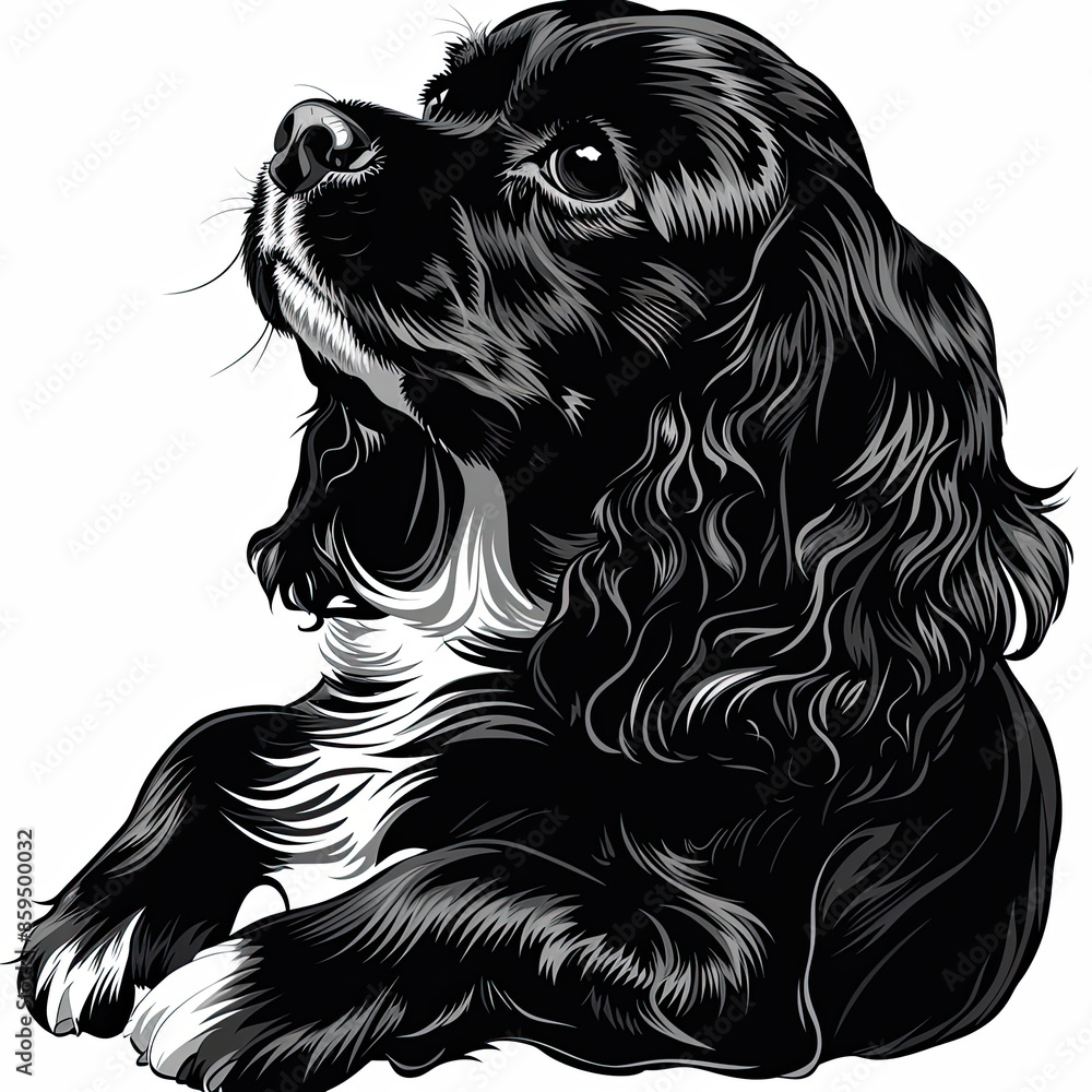 A black and white drawing of a Cavalier King Charles Spaniel dog A black and white drawing of a Cavalier King Charles Spaniel dog