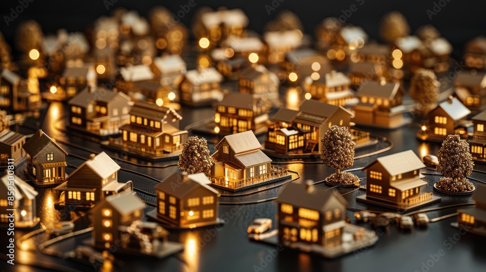 Golden Miniature Town with Minimal Homes, Streets, and Cars on Black Background Golden Miniature Town with Minimal Homes, Streets, and Cars on Black Background