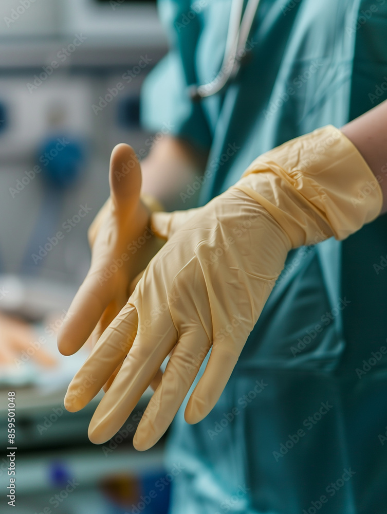 Surgeon Wearing Latex Gloves, Close-up, Medical Procedure Preparation Surgeon Wearing Latex Gloves, Close-up, Medical Procedure Preparation