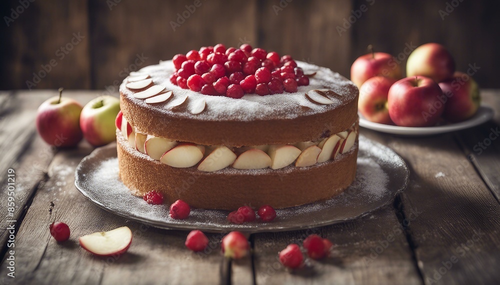 A delicious apple cake topped with sugar sits on a wooden table. Red berries scattered around enhance its visual appeal, making it an enticing dessert experience. A delicious apple cake topped with sugar sits on a wooden table. Red berries scattered around enhance its visual appeal, making it an enticing dessert experience.