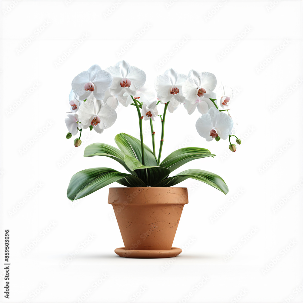 Hyper-realistic potted orchid with delicate white blooms, terracotta pot with visible texture, clipart-style clarity on white background Hyper-realistic potted orchid with delicate white blooms, terracotta pot with visible texture, clipart-style clarity on white background