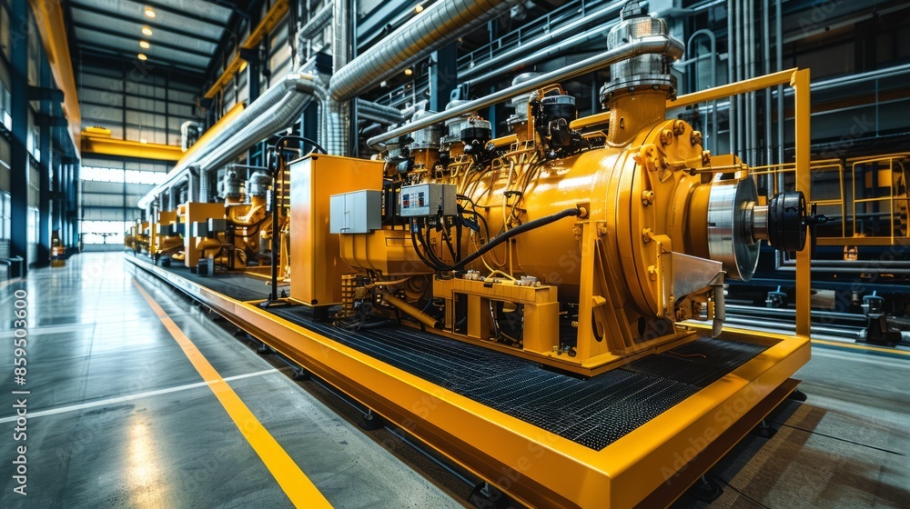In a modern industrial plant, there is a yellow generator with multiple engines lined up side by side in front of it In a modern industrial plant, there is a yellow generator with multiple engines lined up side by side in front of it
